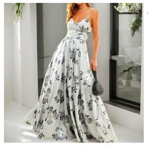 NWT Macy's Exclusive Silver Glitter Lace-Up Floral Gown--303